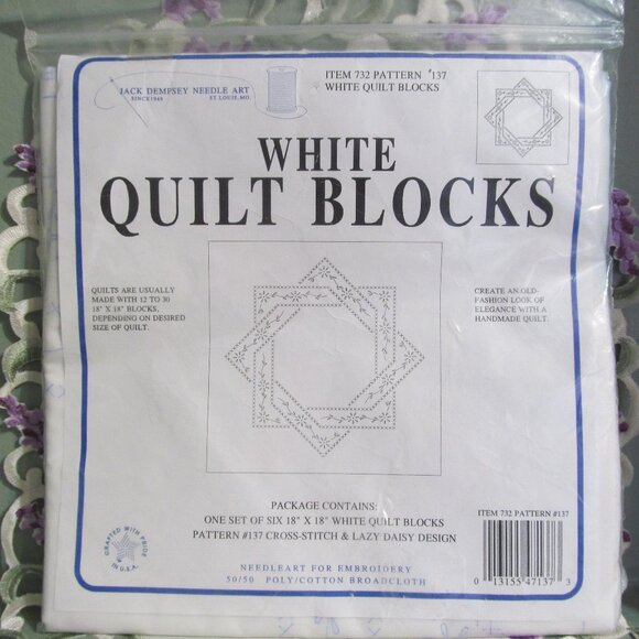 Jack Dempsey Needle Art White Quilt Blocks Lazy Daisy One Set of Six 18 X 18 NEW - Picture 1 of 11